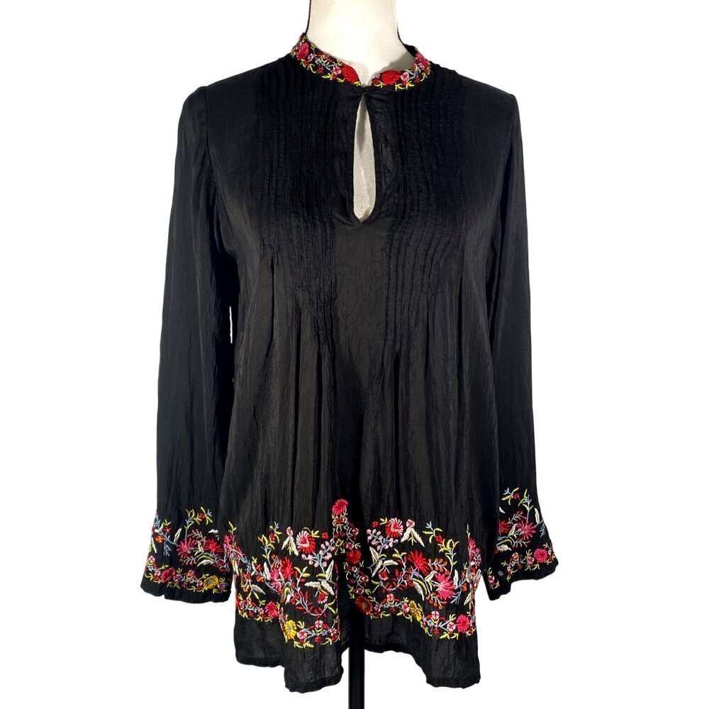 Johnny Was Boho top Tunic pintucked textured heavy Floral Embroidery size S